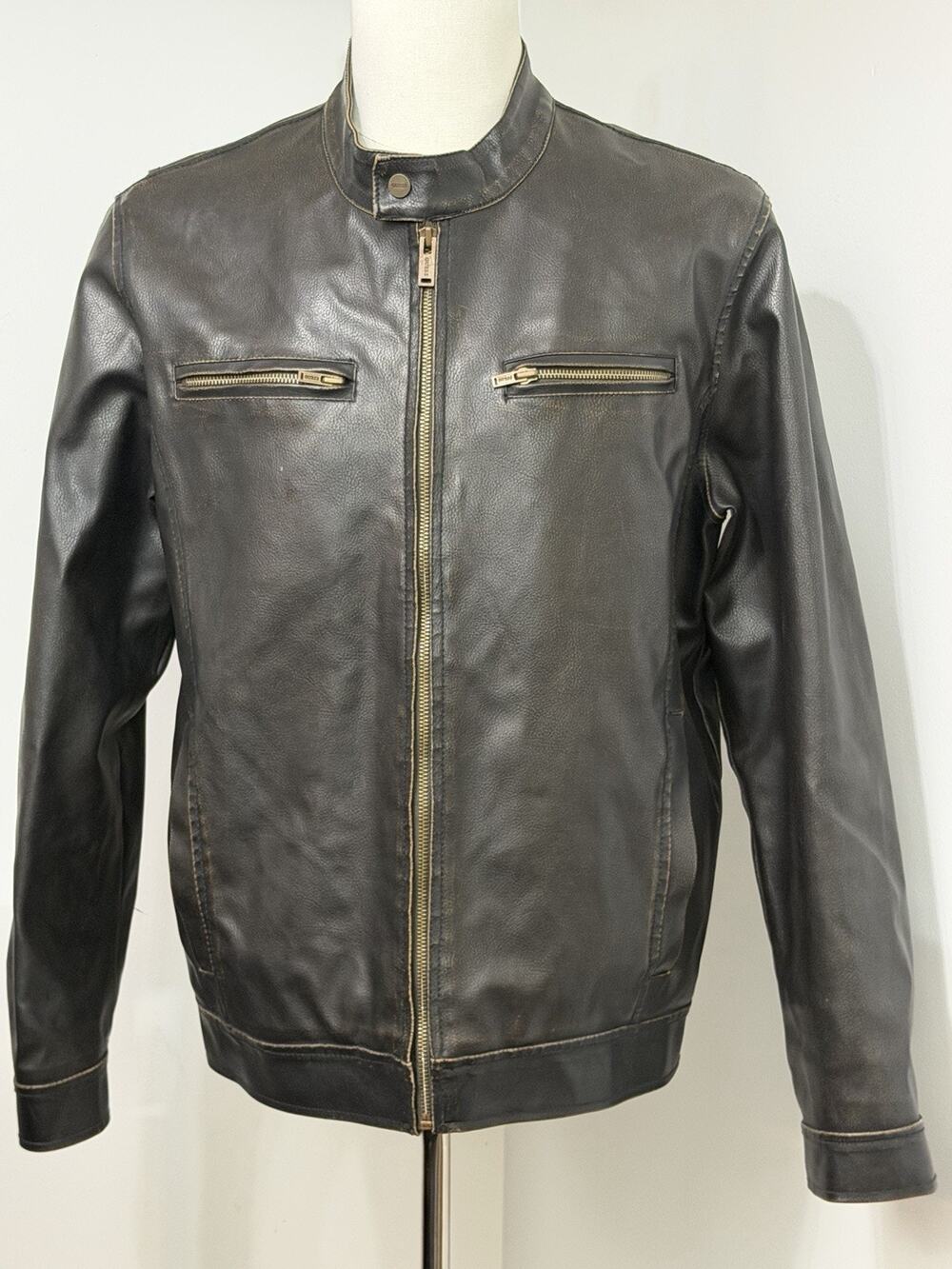 Guess Jacket Men's Size Large Brown Faux Leather Moto Bomber Style Sherpa Lined
